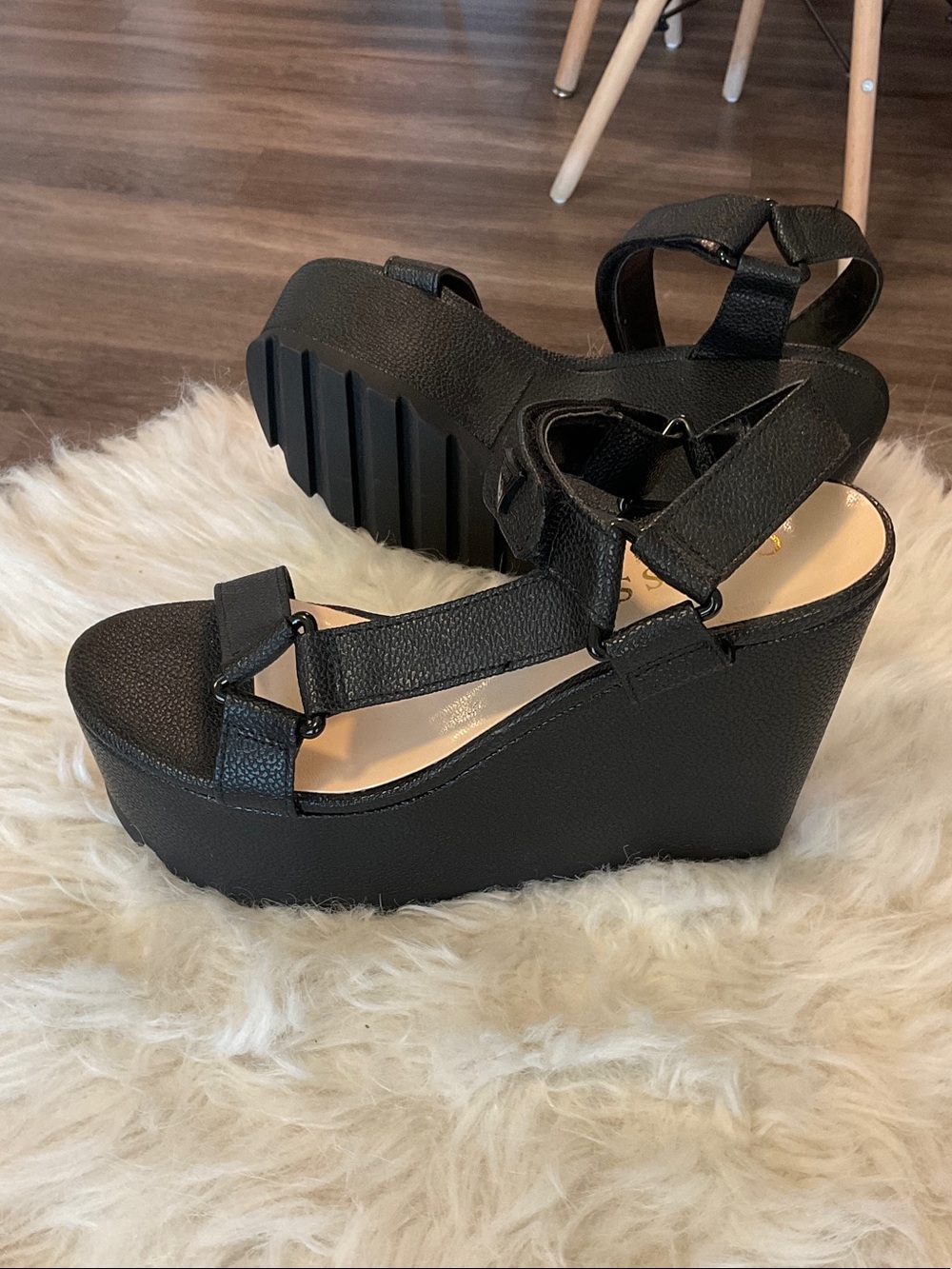 Guess Black Platform Wedge Sandals with Ankle Strap - Picture 2 of 9